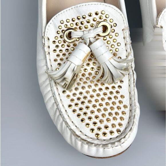 Stuart Weitzman Tassel Loafers White Leather Gold Studded US 10 - Picture 4 of 12